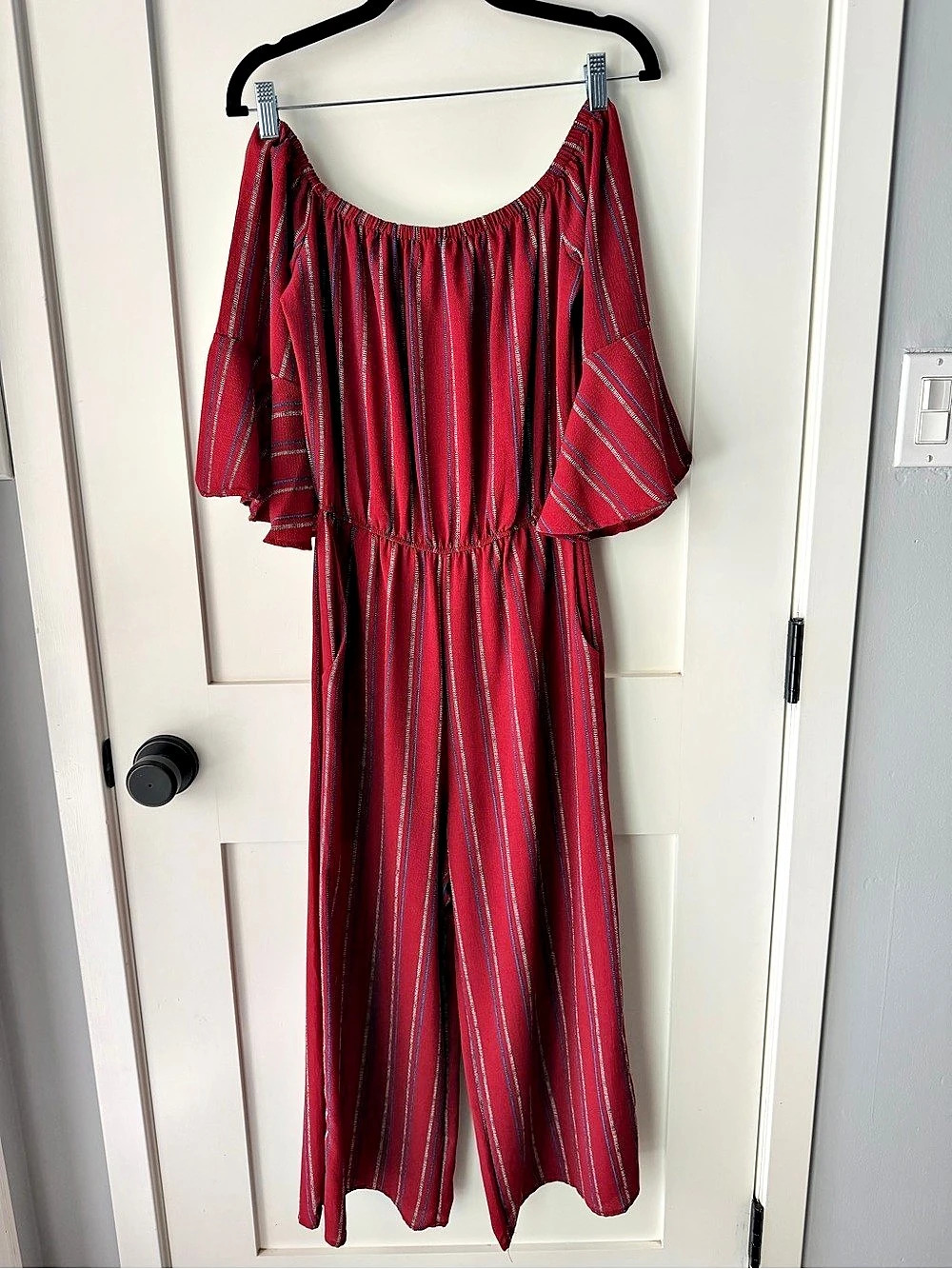 Vine & Love Striped Off-Shoulder Jumpsuit in Red Size Small